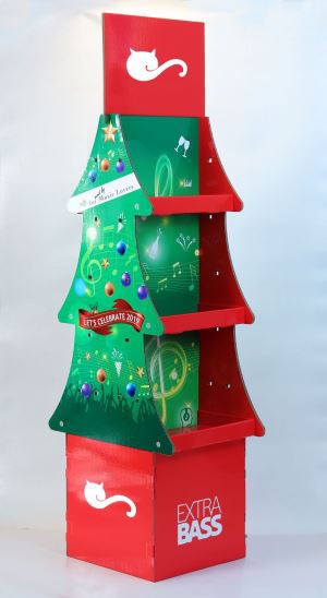 Red And Green 3 Tiers Christmas Tree Cardboard Floor Free Standing Display Rack