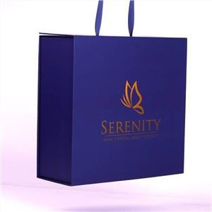 Luxury Custom Dark Blue Foldable Clothes And Bags Cardboard Gift Packaging With Ribbon Handle