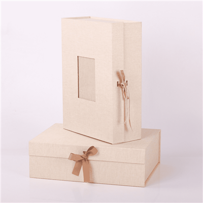 Luxury Linen Fabric Magnetic Folding Gift Box With Clear Window And Ribbon