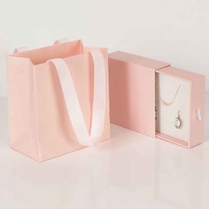 Custom Pink Jewelry Packaging Box With Paper Bag