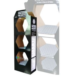 Custom shape creative corrugated Cardboard Retail POP Floor Displays Rack Stand for Helmet