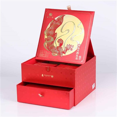 Red Paper Packaging Box Moon Cake Box Double Layered Drawer Box